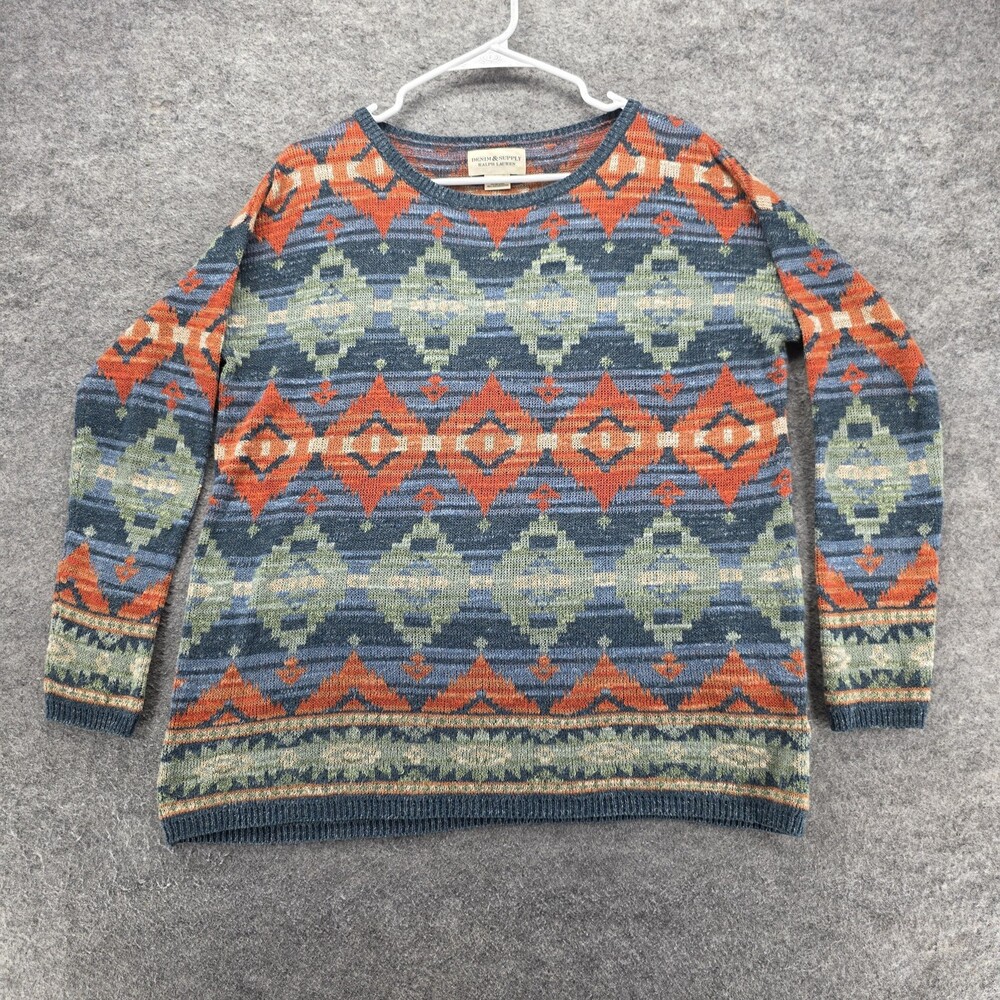 Denim & Supply Ralph Lauren Sweater Womens Medium Blue Aztec Tribal Knit Cotton